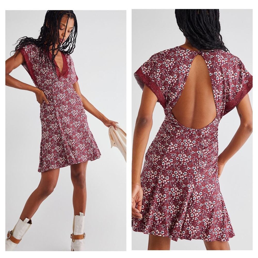 Free People Sweet Talker Lace Mini Dress Size XS Burgundy Floral 90s Grunge Boho